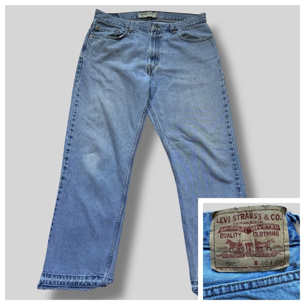 Levi's 505 Jeans Men's 36x29 Regular Fit Straight Light Wash Blue‎ Frayed Hem